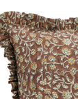 Hand Block Printed Elegant Brown and Orange Floral Pure Linen Frill Pillow Cover for Indoor Room - Himachal