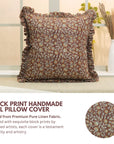 Hand Block Printed Elegant Brown and Orange Floral Pure Linen Frill Pillow Cover for Indoor Room - Himachal