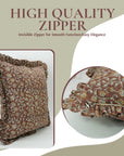 Hand Block Printed Elegant Brown and Orange Floral Pure Linen Frill Pillow Cover for Indoor Room - Himachal