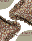 Hand Block Printed Elegant Brown and Orange Floral Pure Linen Frill Pillow Cover for Indoor Room - Himachal