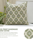 Block Printed Green & Gray Style Throw Pillow Handmade in Linen Blend for Sofa Decor - Uday