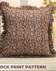 Hand Block Printed Elegant Brown and Orange Floral Pure Linen Frill Pillow Cover for Indoor Room - Himachal