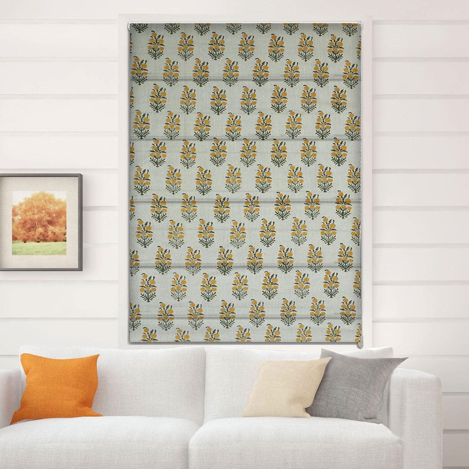 Handmade Art Block Printed Boho Mustard & Gray Floral Cotton Linen Throw Roman Shade – Hajara