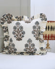 Indian Handmade Throw Block Printed Gray Floral Off-White Linen Frill Pillow Cover - Morpankh