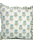 Indian Handmade Block Printed Blueish & Green Floral Thick Cotton White Frill Pillow Cover - Manmohan