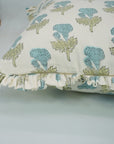 Indian Handmade Block Printed Blueish & Green Floral Thick Cotton White Frill Pillow Cover - Manmohan