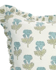Indian Handmade Block Printed Blueish & Green Floral Thick Cotton White Frill Pillow Cover - Manmohan