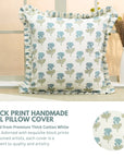 Indian Handmade Block Printed Blueish & Green Floral Thick Cotton White Frill Pillow Cover - Manmohan