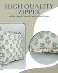 Indian Handmade Block Printed Blueish & Green Floral Thick Cotton White Frill Pillow Cover - Manmohan