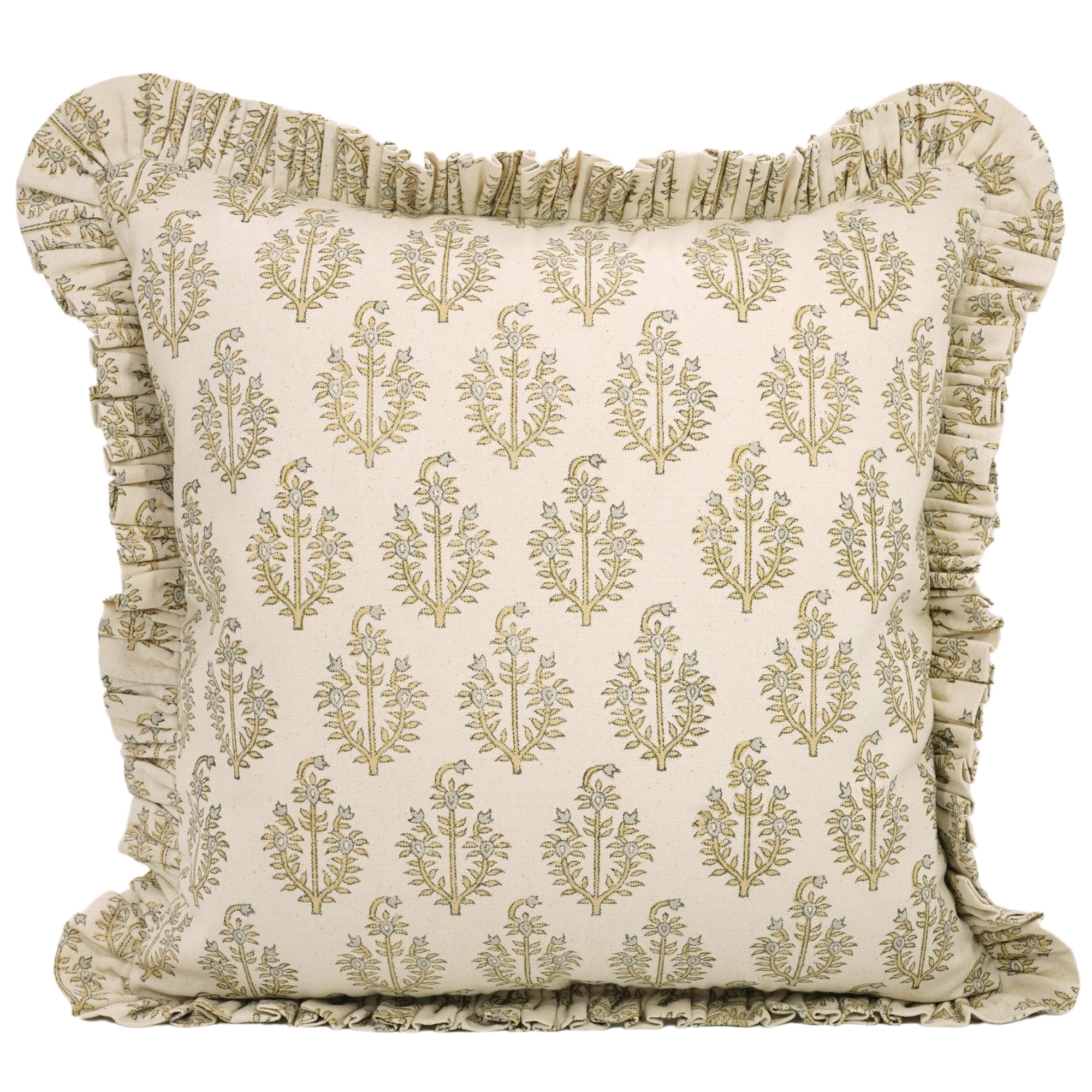 Block Printed Duck Canvas Frill Pillow Cover - Neelgagan By Fabdivine