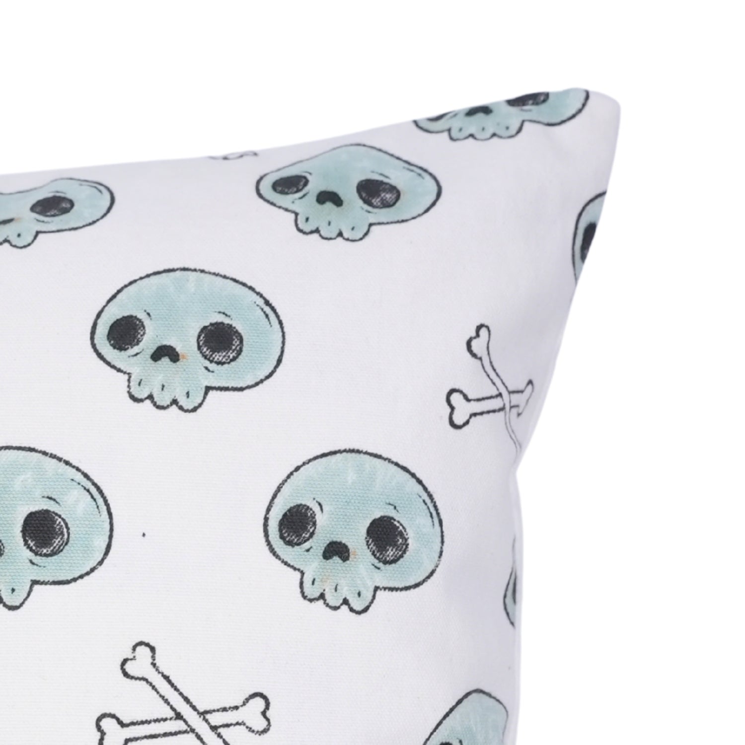 Cushion with blue skull and crossbones pattern on a white background
