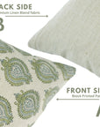 Block Printed Green & Gray Style Throw Pillow Handmade in Linen Blend for Sofa Decor - Uday