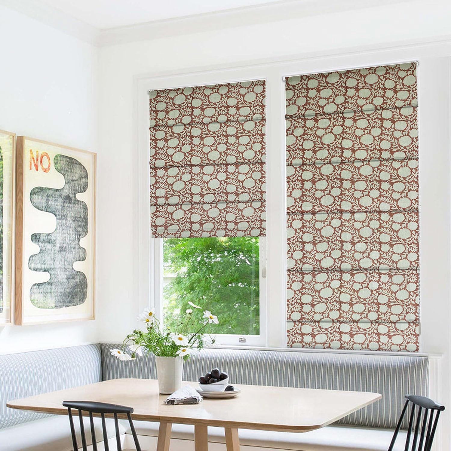 Block Printed Boho Roman Shade in Thick Linen Brown & Gray Floral Bedroom Curtain - Rajat