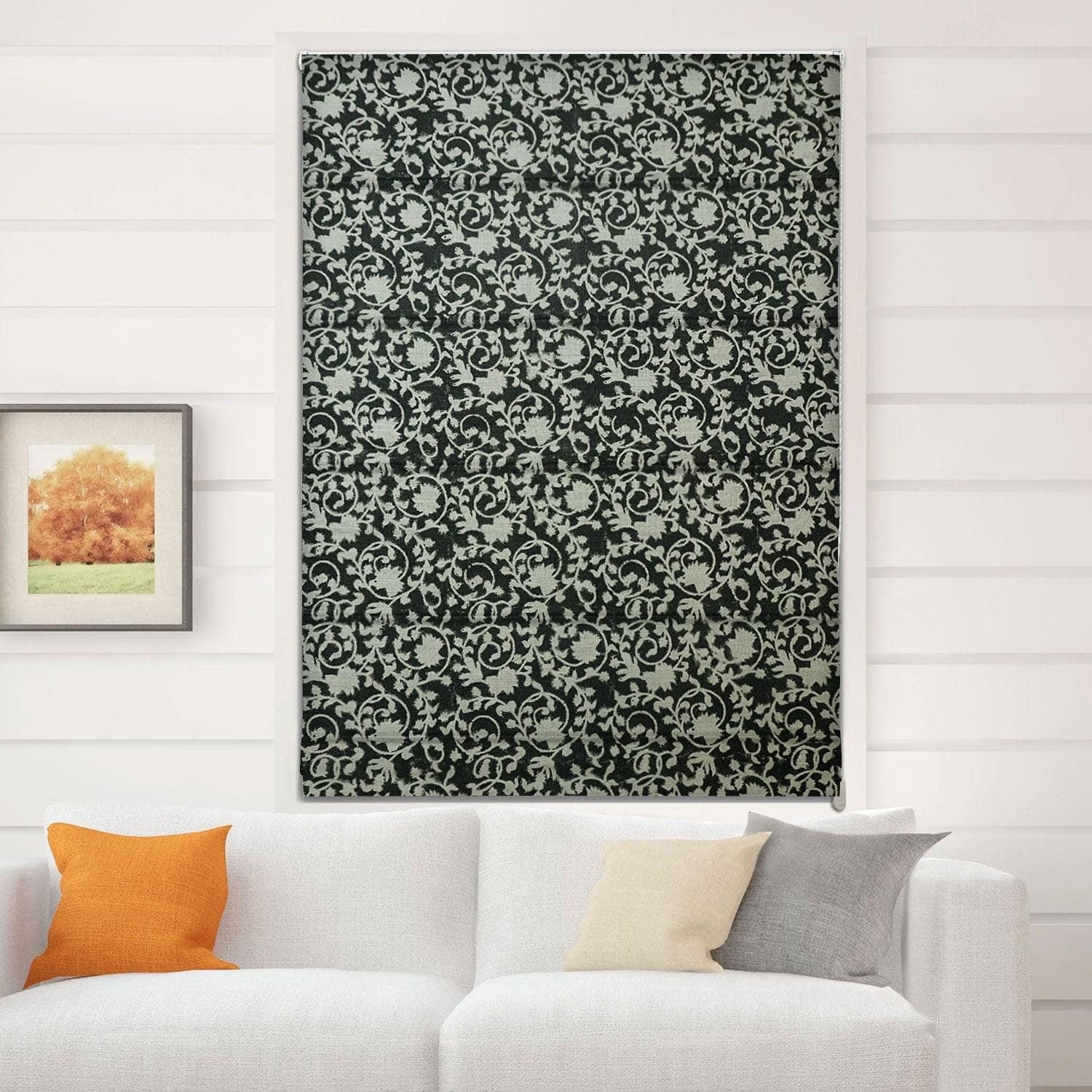 Handcrafted Black Floral Block Printed Roman Shade Heavy Linen Blackout Window Curtain - Devdas