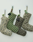 Indian Hand Block Printed Pure Linen Christmas Stocking in Blue and Gray Floral with Elegant Pom Pom Holiday Decor - Aradhana Border