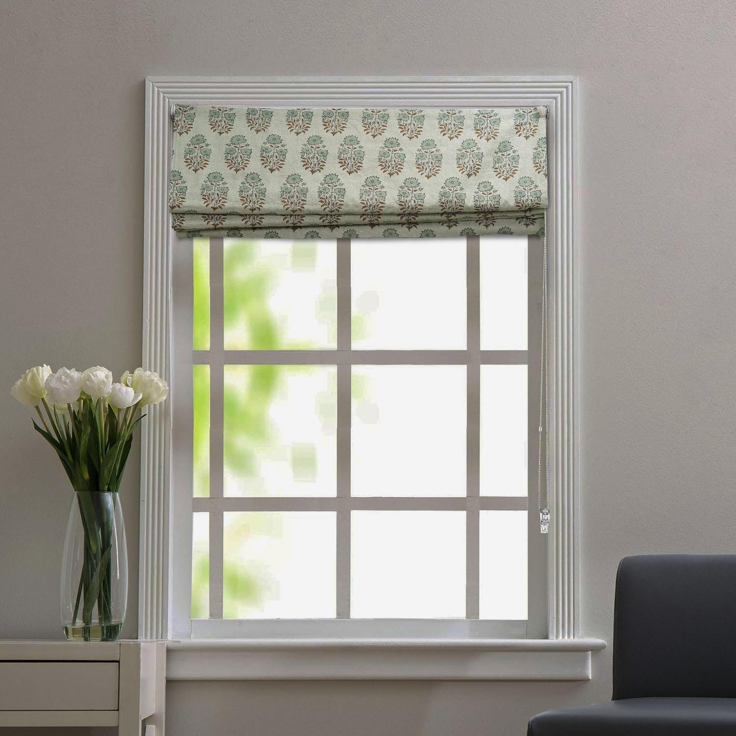Pure Linen Block Printed Roman Shade Handmade Blind Floral Window Valance - MAYRA
