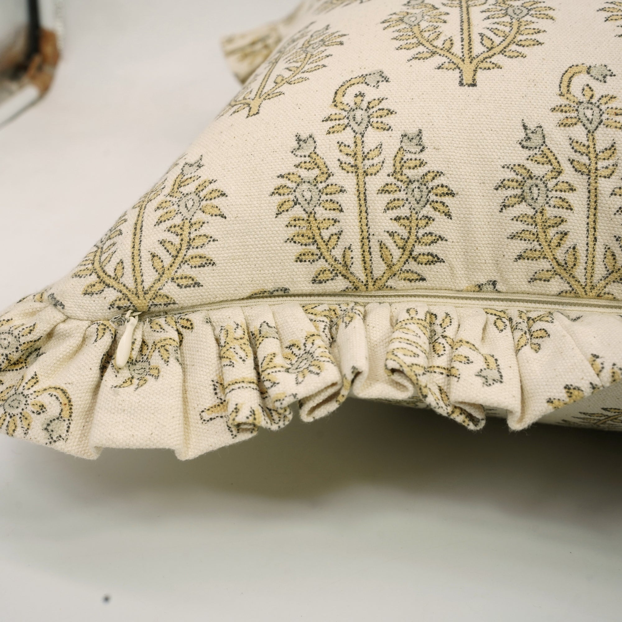 Block Printed Duck Canvas Frill Pillow Cover - Neelgagan By Fabdivine
