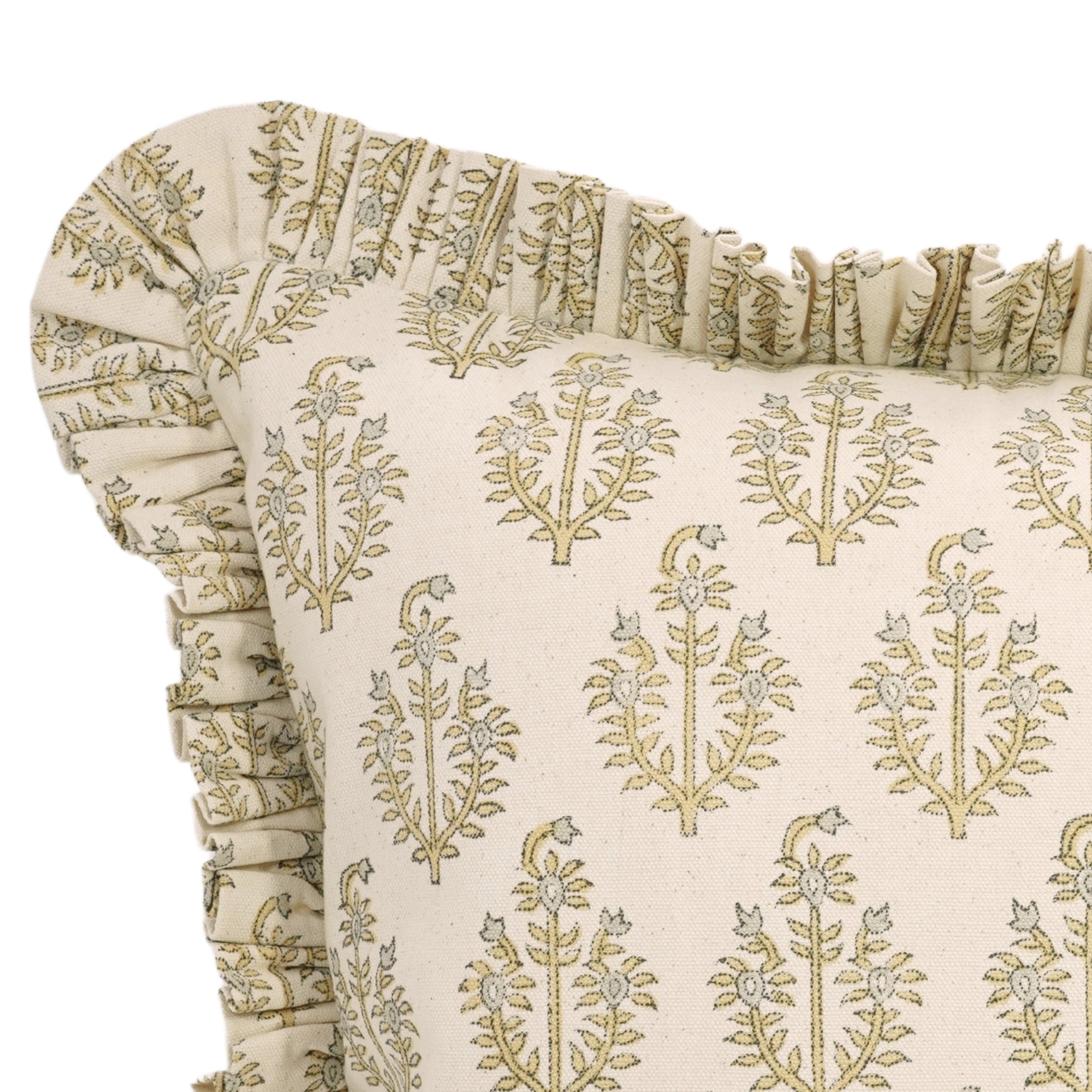 Block Printed Duck Canvas Frill Pillow Cover - Neelgagan By Fabdivine