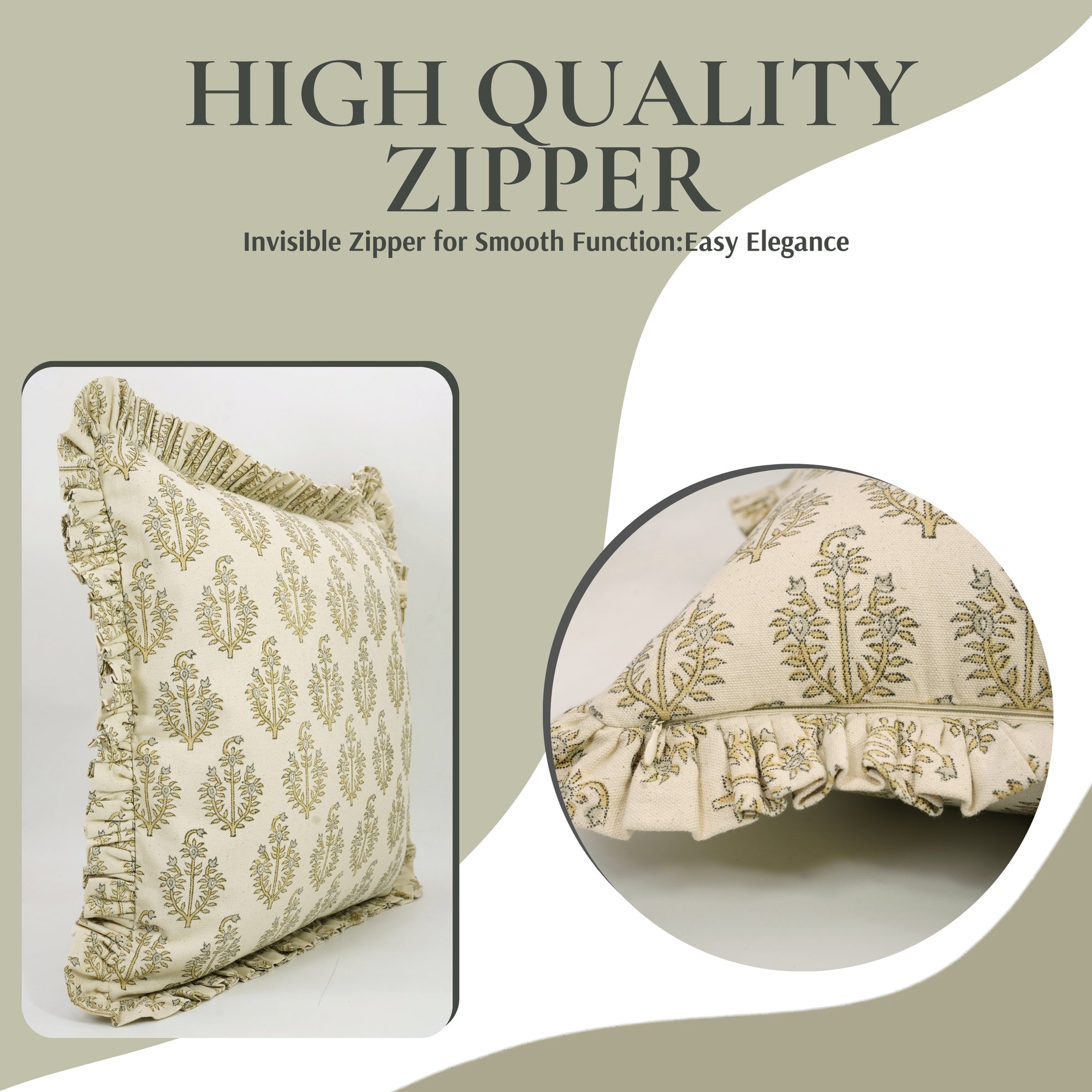 Block Printed Duck Canvas Frill Pillow Cover - Neelgagan By Fabdivine