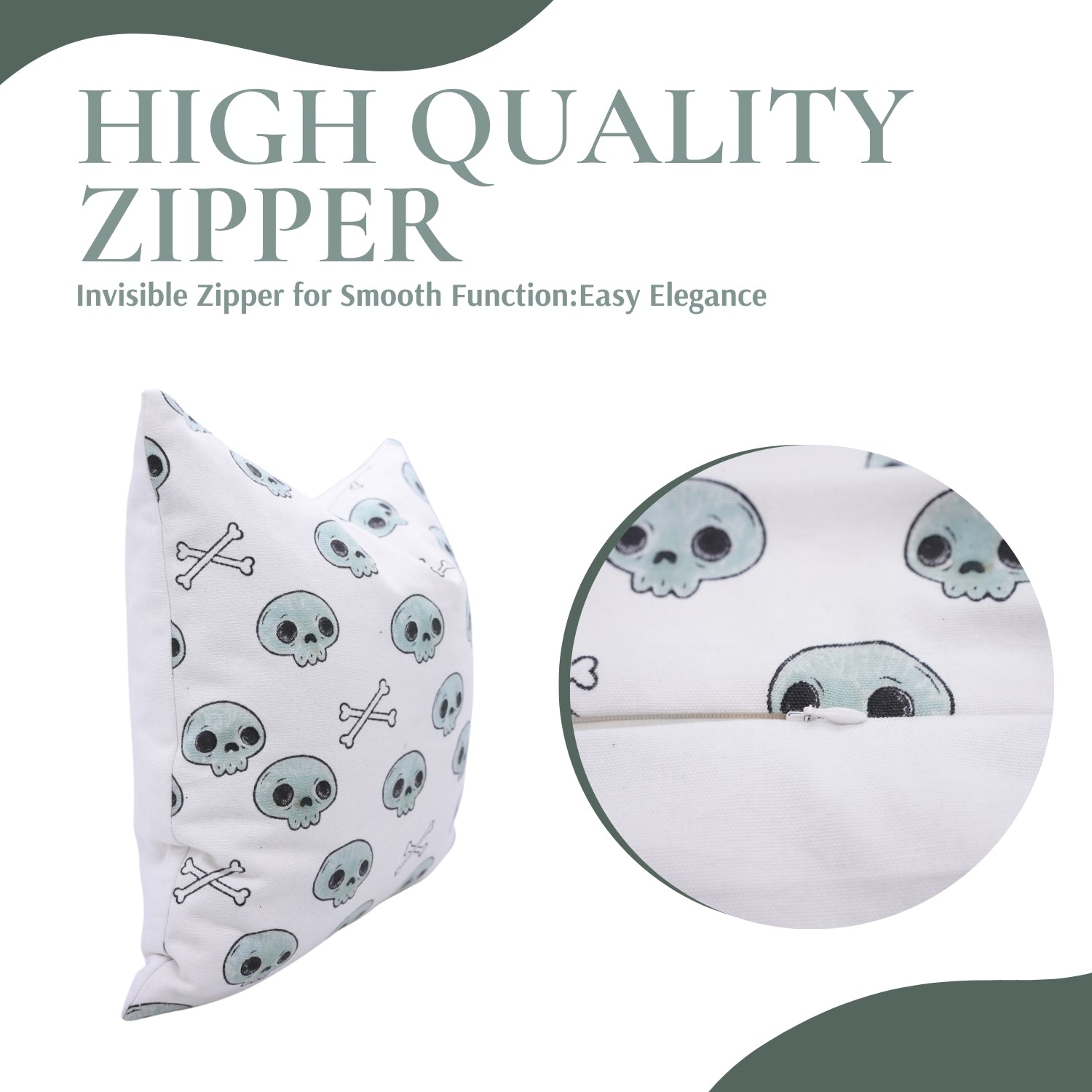 Pillow with skull pattern and zipper detail on a white background