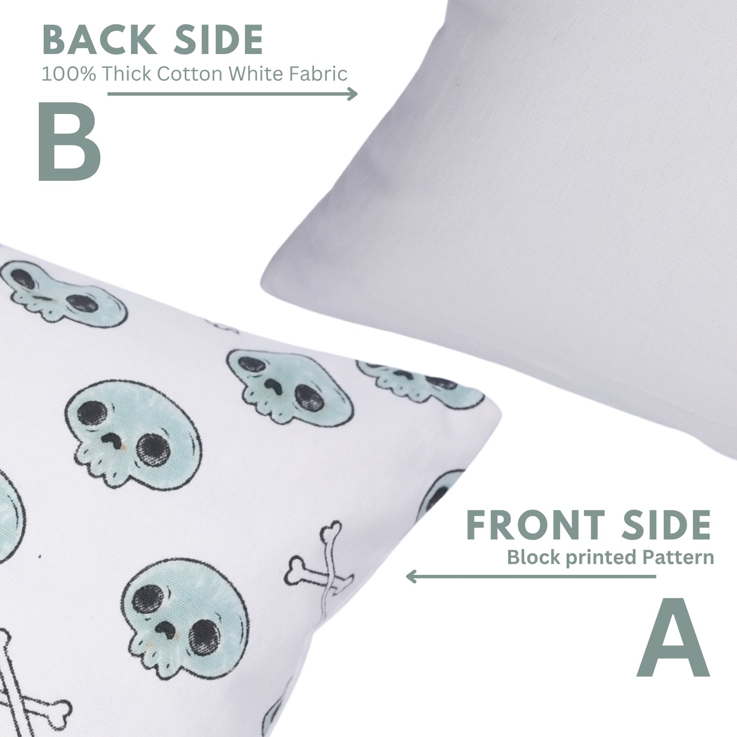 Pillowcase with skull pattern on one side and plain white fabric on the other, labeled 'Front Side' and 'Back Side'.