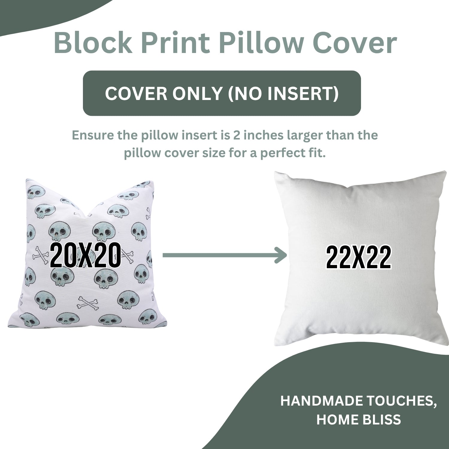 Block print pillow cover chart with dimensions and instructions on a white background