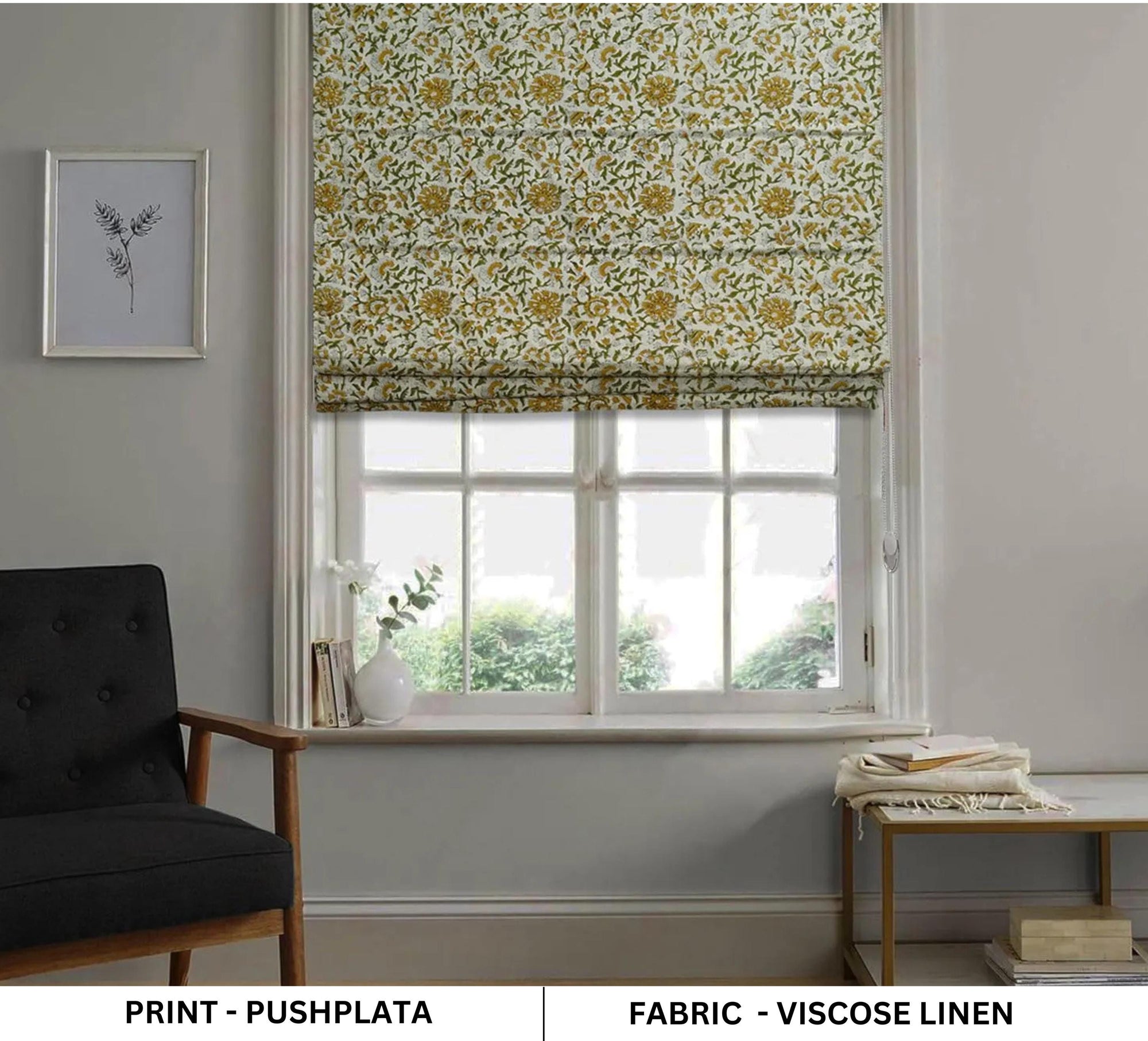 Block Printed Boho Roman Shade in Green & Mustard Floral on Viscose Linen – PUSHPLATA