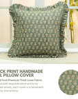 Handmade Block Floral Printed Green & Beige Couch Frill Pillow Protector/Cushion in Pure Linen - Tulsi Buti