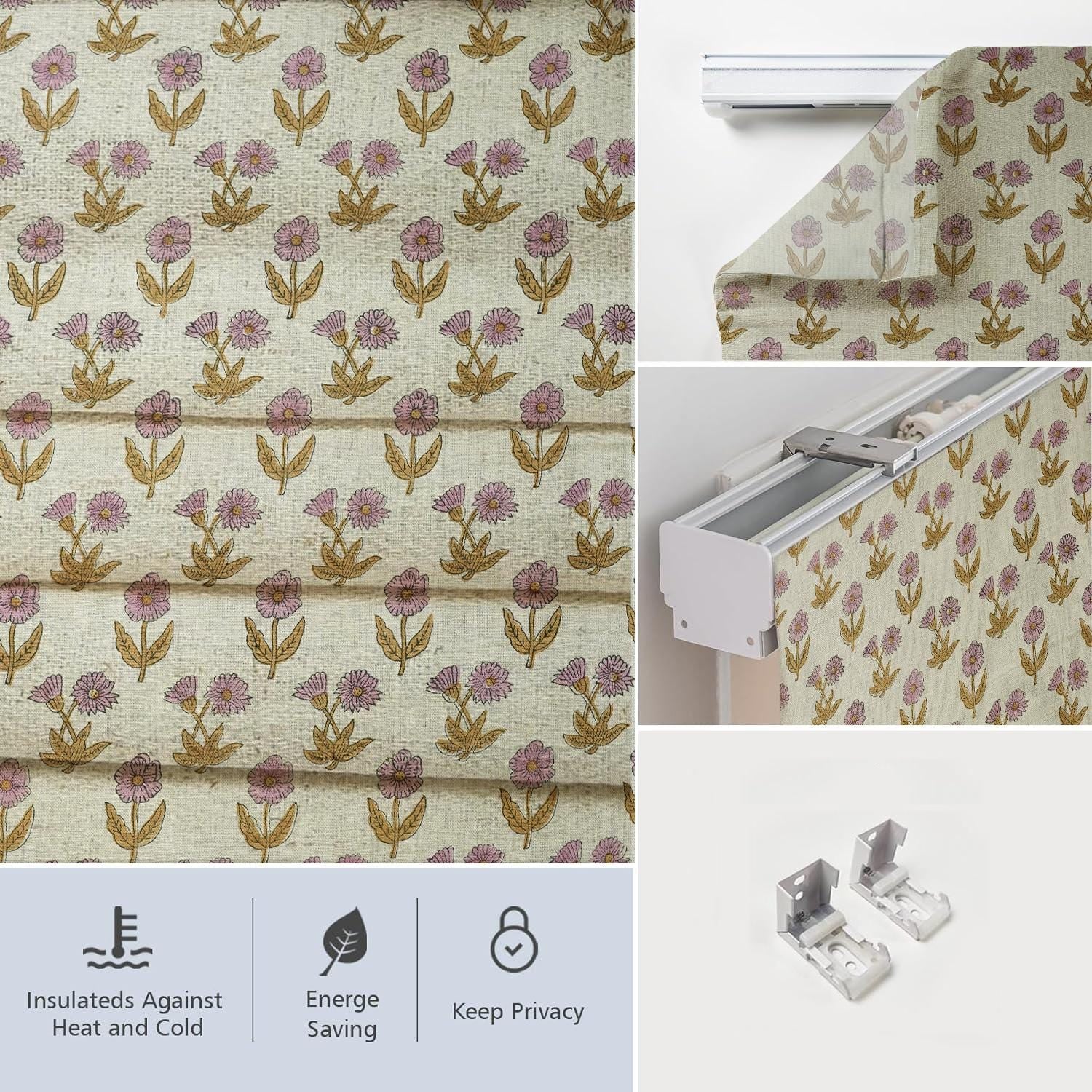 Hand Block Printed Roman Shade in Floral Light Pink & Mustard on Thick Linen for Elegant Home Decor - Kriti