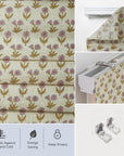 Hand Block Printed Roman Shade in Floral Light Pink & Mustard on Thick Linen for Elegant Home Decor - Kriti