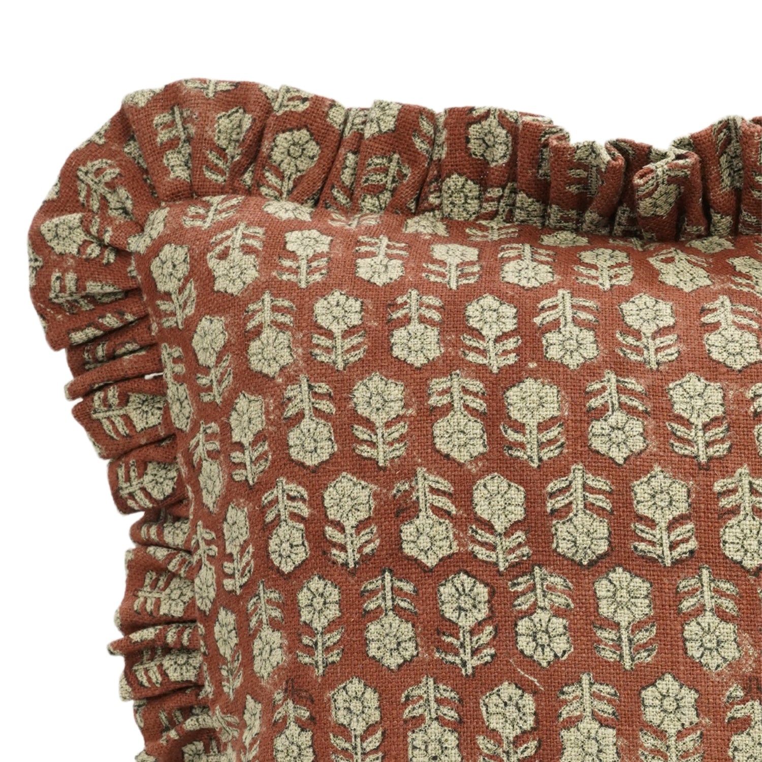 Block Printed Thick Linen Frill Pillow Cover - Tulsi Buti By Fabdivine