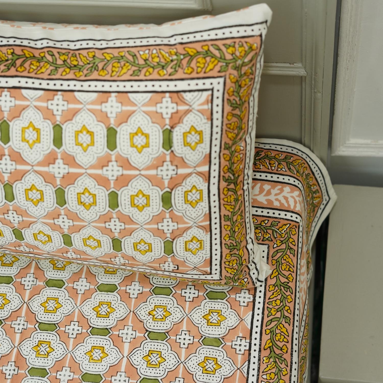 Floral decorative cotton bedding set, hand block print bedsheet with pillow covers, light pink and yellow with green color bohemian decoartive bedsheet, natural cotton bedcover.