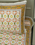 Floral decorative cotton bedding set, hand block print bedsheet with pillow covers, light pink and yellow with green color bohemian decoartive bedsheet, natural cotton bedcover.