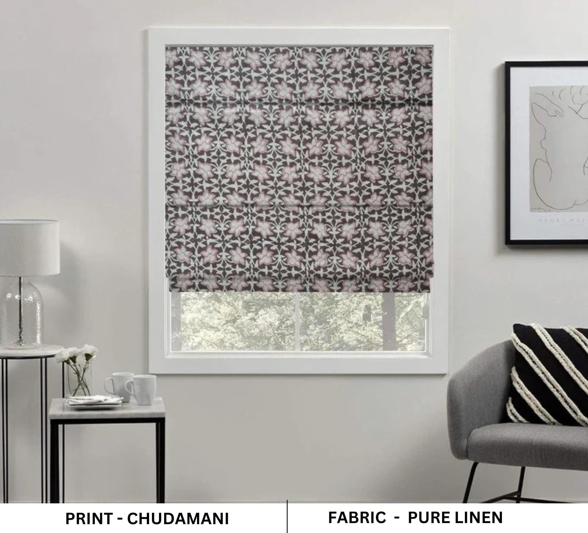 Hand Block Printed Roman Blinds in Pure Linen Brown & Light Pink Floral Throw Shade - Chudamani