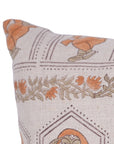 Hand Stamped Orange and Gray Floral Pillow Case in Natural 100% Pure Linen Ideal for Farmhouse or Rustic Interiors - SUNDARI
