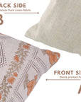 Hand Stamped Orange and Gray Floral Pillow Case in Natural 100% Pure Linen Ideal for Farmhouse or Rustic Interiors - SUNDARI