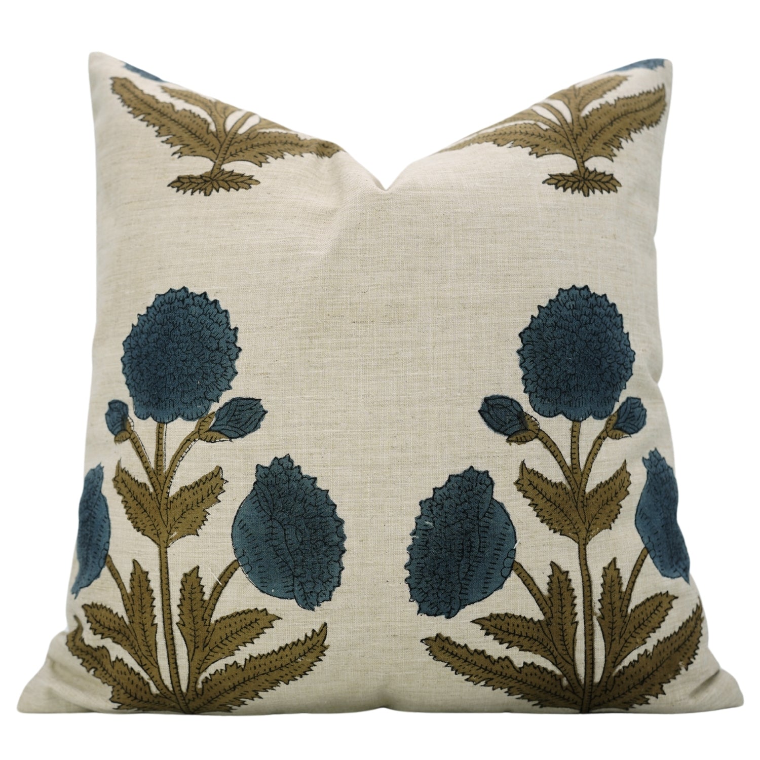 Regal Floral Handblock Printed Linen Blend Pillow Cover A Touch of Elegance with Badshah Blue