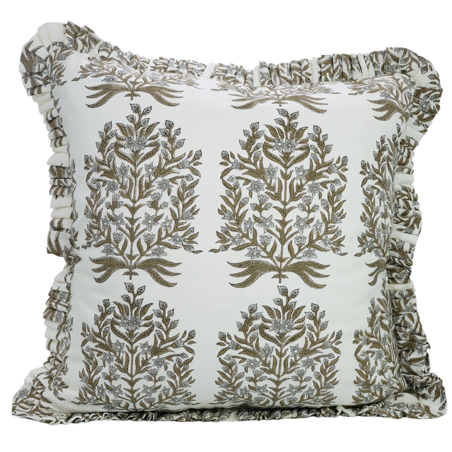Floral Block Printed Thick Cotton White Frill Cushion Cases/Covers  Vrindavan
