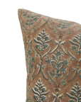 Block Printed Handcrafted Granite Gray and Pastel Brown Floral Thick Linen Indoor Pillow Cover - Vishal Pushp