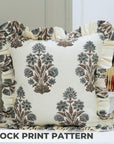 Indian Handmade Throw Block Printed Gray Floral Off-White Linen Frill Pillow Cover - Morpankh