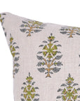 Handblock Printed Green and Blue Floral Throw Pillow Cover in Pure Linen Earthy Tones Perfect for Indoor Spaces - GUNAARI