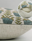 Artisanal Floral Viscous Linen Block Printed Throw Pillow Case Heritage Style With Lotus Blue