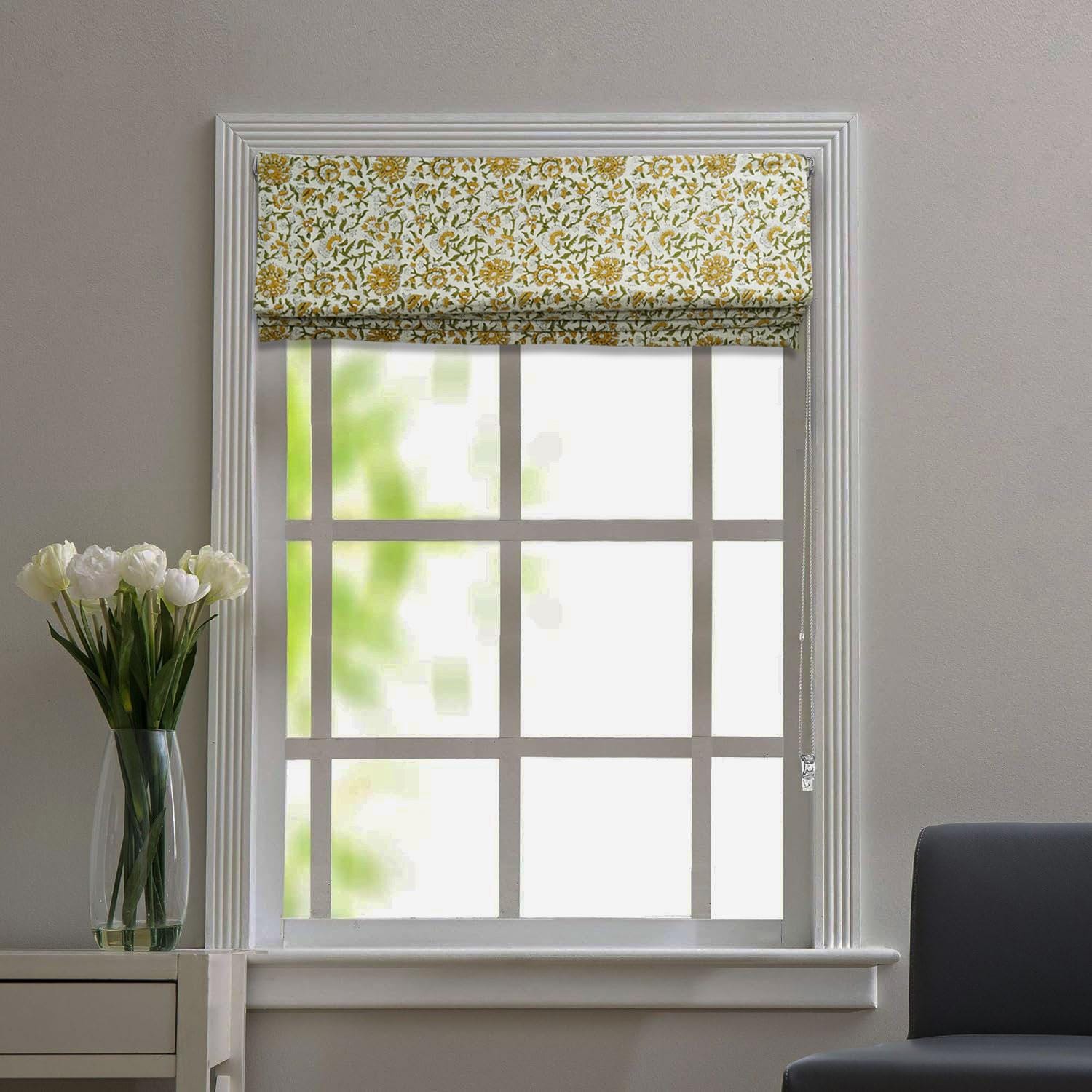 Block Printed Boho Roman Shade in Green & Mustard Floral on Viscose Linen – PUSHPLATA