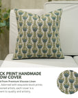 Artisanal Floral Viscous Linen Block Printed Throw Pillow Case Heritage Style With Lotus Blue