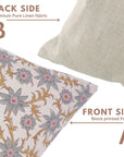 Handmade Cushion Protector with Pink and Gray Vintage Floral Block Prints on Pure Linen for Living Room Charm - SANJH