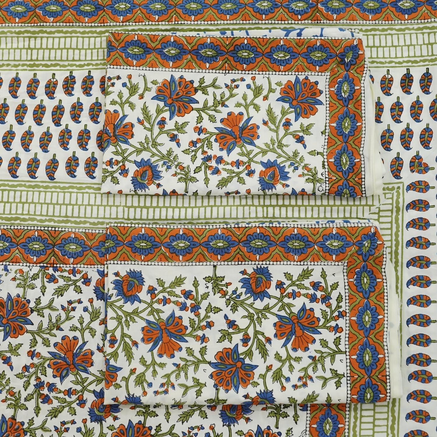 Add subtle sophistication to your bedroom with our hand block printed cotton bedsheet. This boho-style set includes matching pillow covers, showcasing nature-inspired patterns created using traditional printing techniques on soft, lightweight cotton.