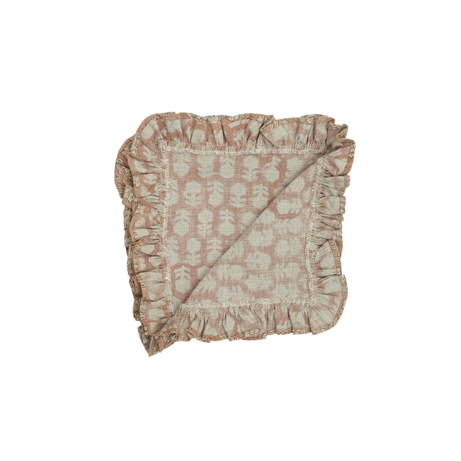 Handmade Pure Linen Floral Printed Tulsi Buti Table Frill Napkins in Orange