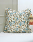 Indian Artisan Blue & Green Floral Block Printed Off-White Linen Frill Pillow Cover - Neera Bel