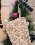 Hand Block Printed Thick Linen Christmas Stockings Red and Mustard Floral Design with Pompom Holiday Decor - Mrignyani
