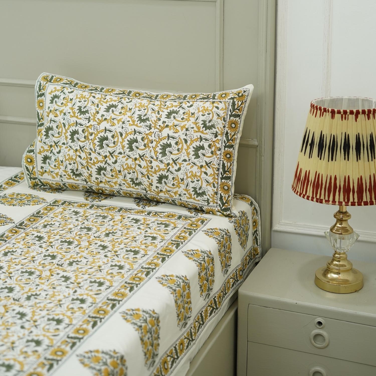 Decorative cotton bedsheet, hand block print pure cotton bedcover with pillow cover set, handmade wooden block print, floral bohemian decor for farmhouse, natural cotton fabric with white base.